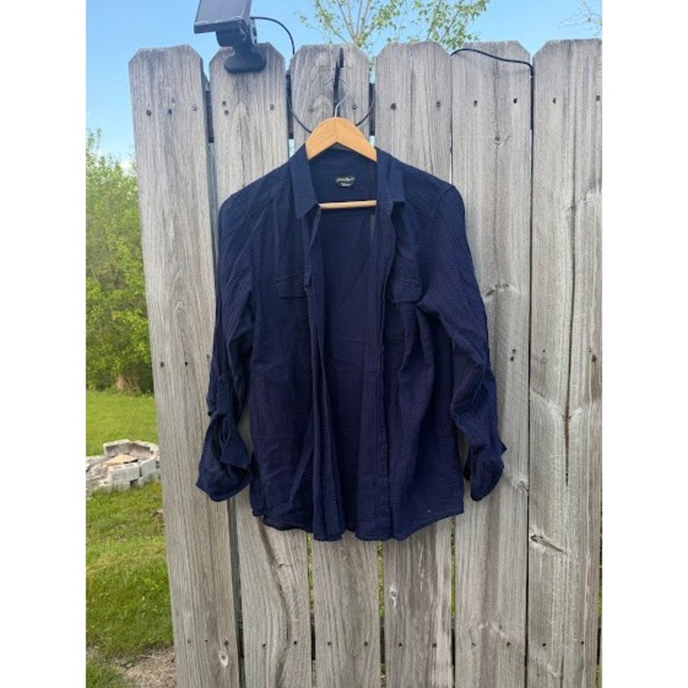 Eddie Bauer Navy Blue Textured Cotton Roll Tab Sleeve Button Down Shirt Large
